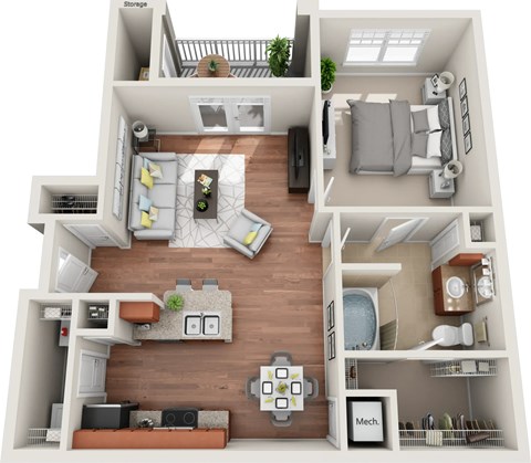 Floor plan for 1 bed, 1 bath, 772 sqft